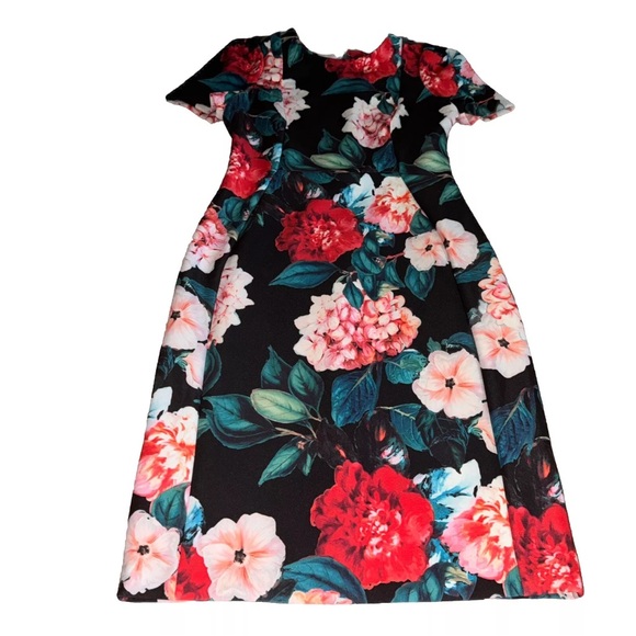 Calvin Klein Black Floral Short Sleeve Crew Neck Back Zip Sheath Dress Size 8 - Picture 1 of 9